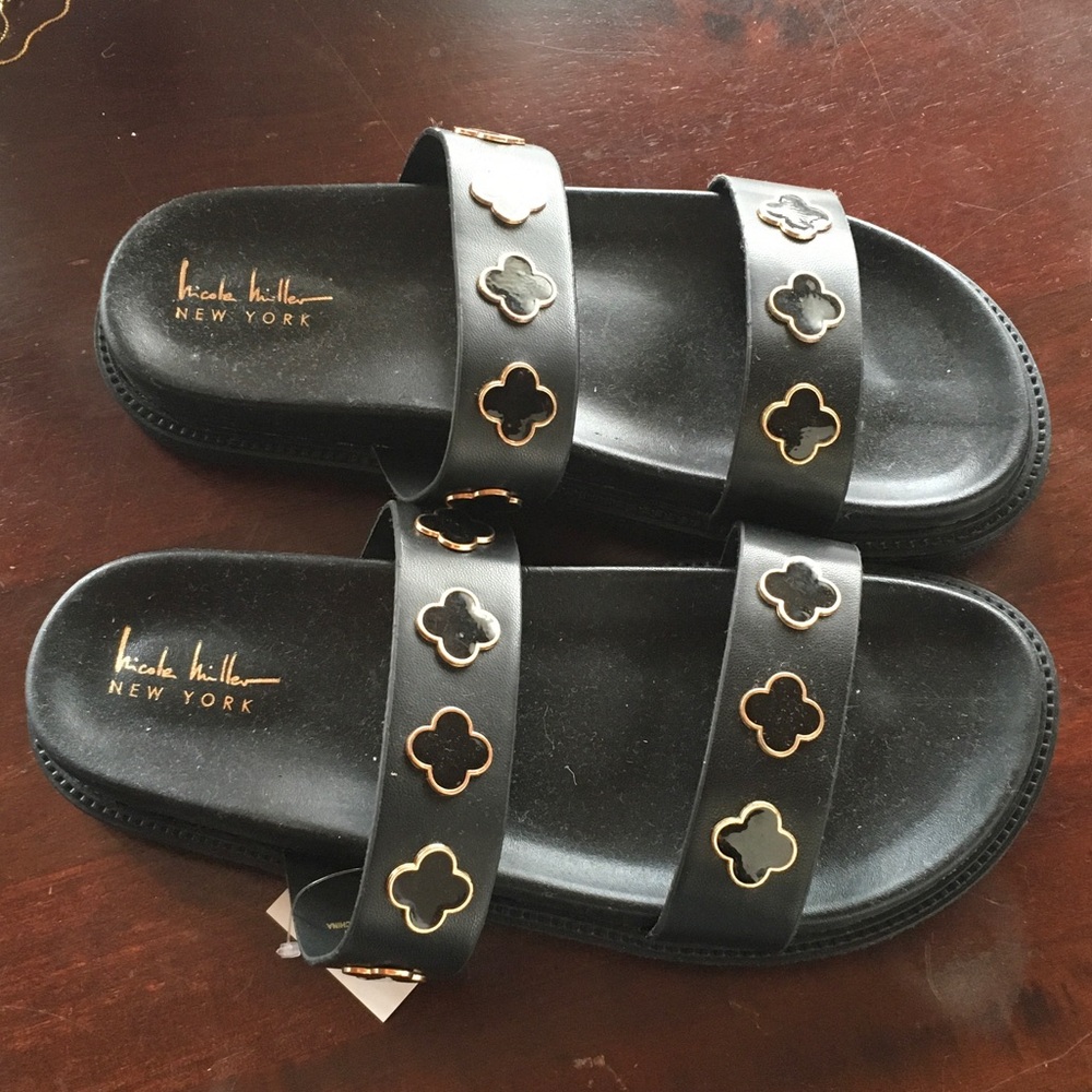 Nicole Miller Black Slide Sandals with Gold Quatrefoil Accents